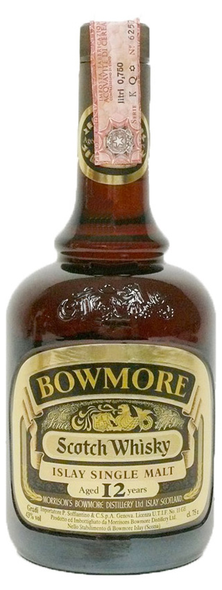 Bowmore 12y ~1980er - OB, old dumpy brown bottle, gold label Gradi - 43%
