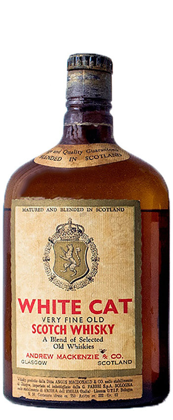White Cat - 1960er - Brown flat bottle with cream label, red letters - 43%