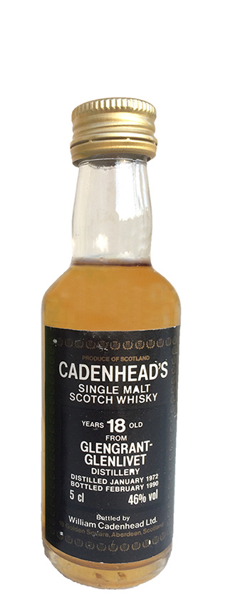 Glen Grant 18y - 72-90 - Cad, Mini, clear glass, black label & white letters, 80°Proof - 45,7%