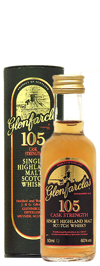 Glenfarclas ~1990er - OB, 105, black label, gold & red letters, orig. mini 5cl - 60%