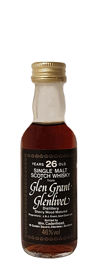 Glen Grant 26y - 1970er - Cadenhead, Sherry wood, clear glass, black Label, white letters, Mini - 46%